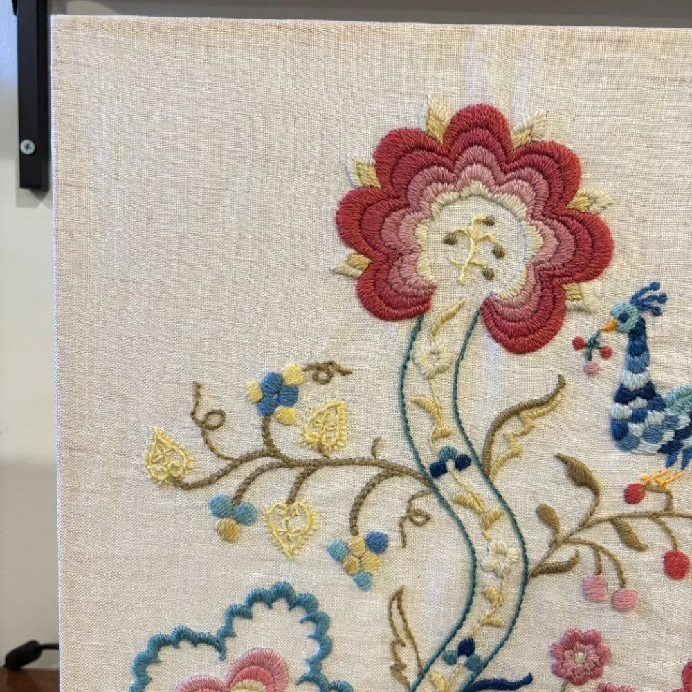 VINTAGE 60s Floral Bird Crewel Stitch Picture Hand Stitched Embroidery Art Piece